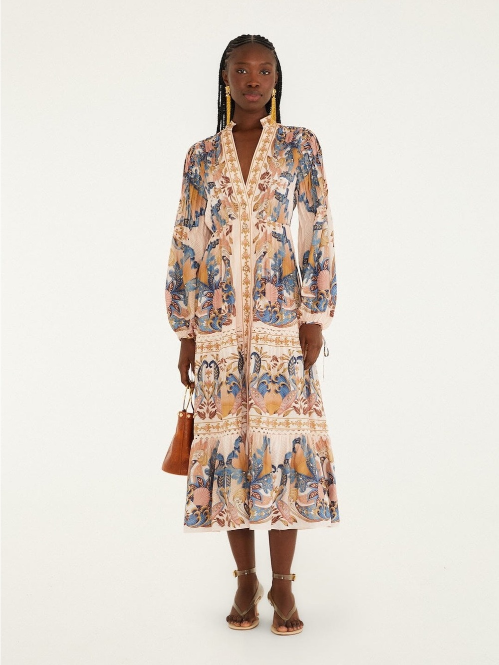 FARM Rio Soft Pink Sea Garden Scarf Pleated Midi Dress